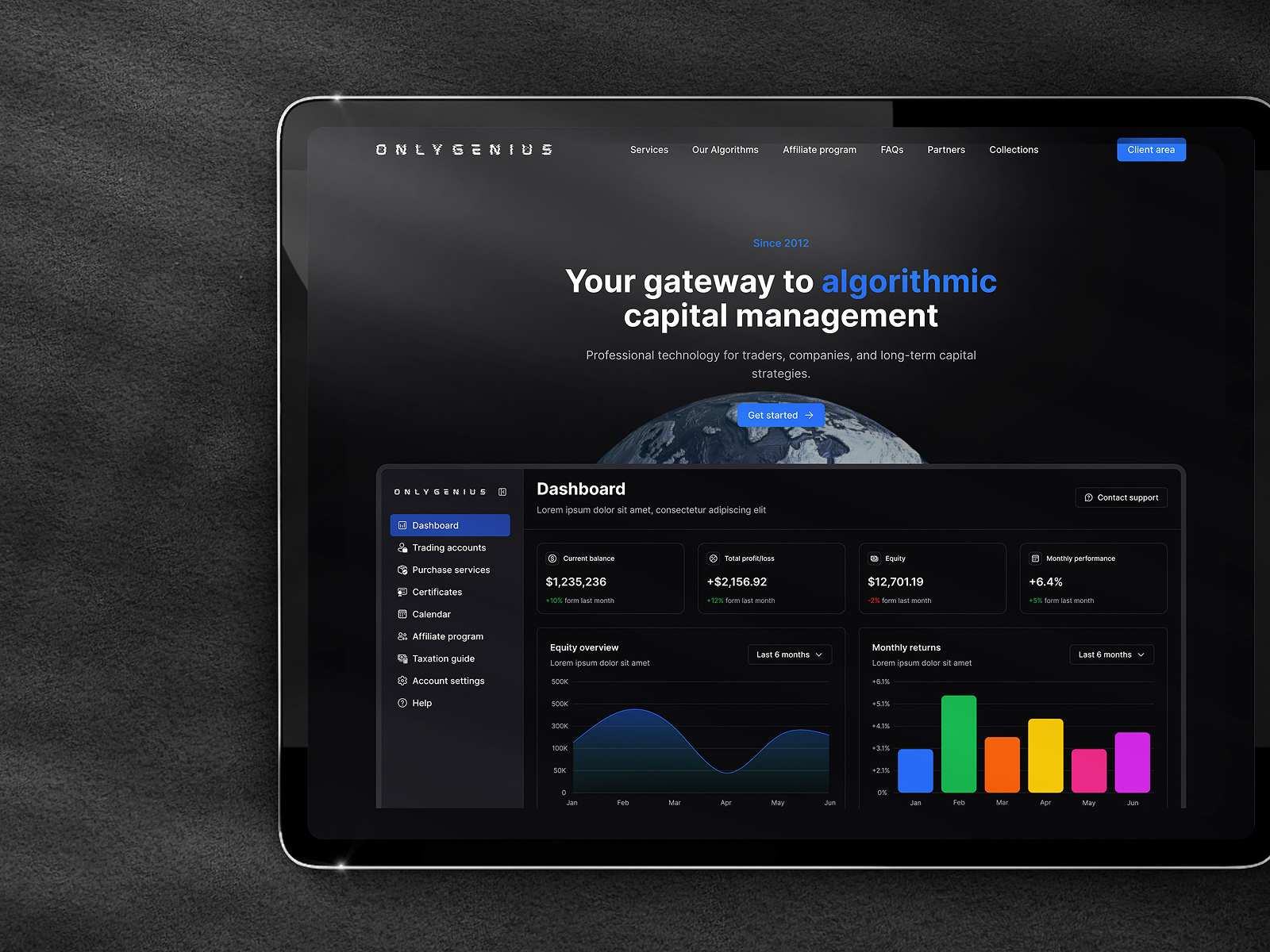 OnlyGenius Dashboard – Dark-Themed Fintech Analytics Platform dashboard figma mockup ui uiux webapp