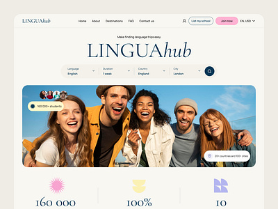 LinguaHub — Language Trip Booking Platform booking website brand identity clean ui education tech figma landing landing page language learning platform modern website student design travel website ui uidesign ux web design web interface website