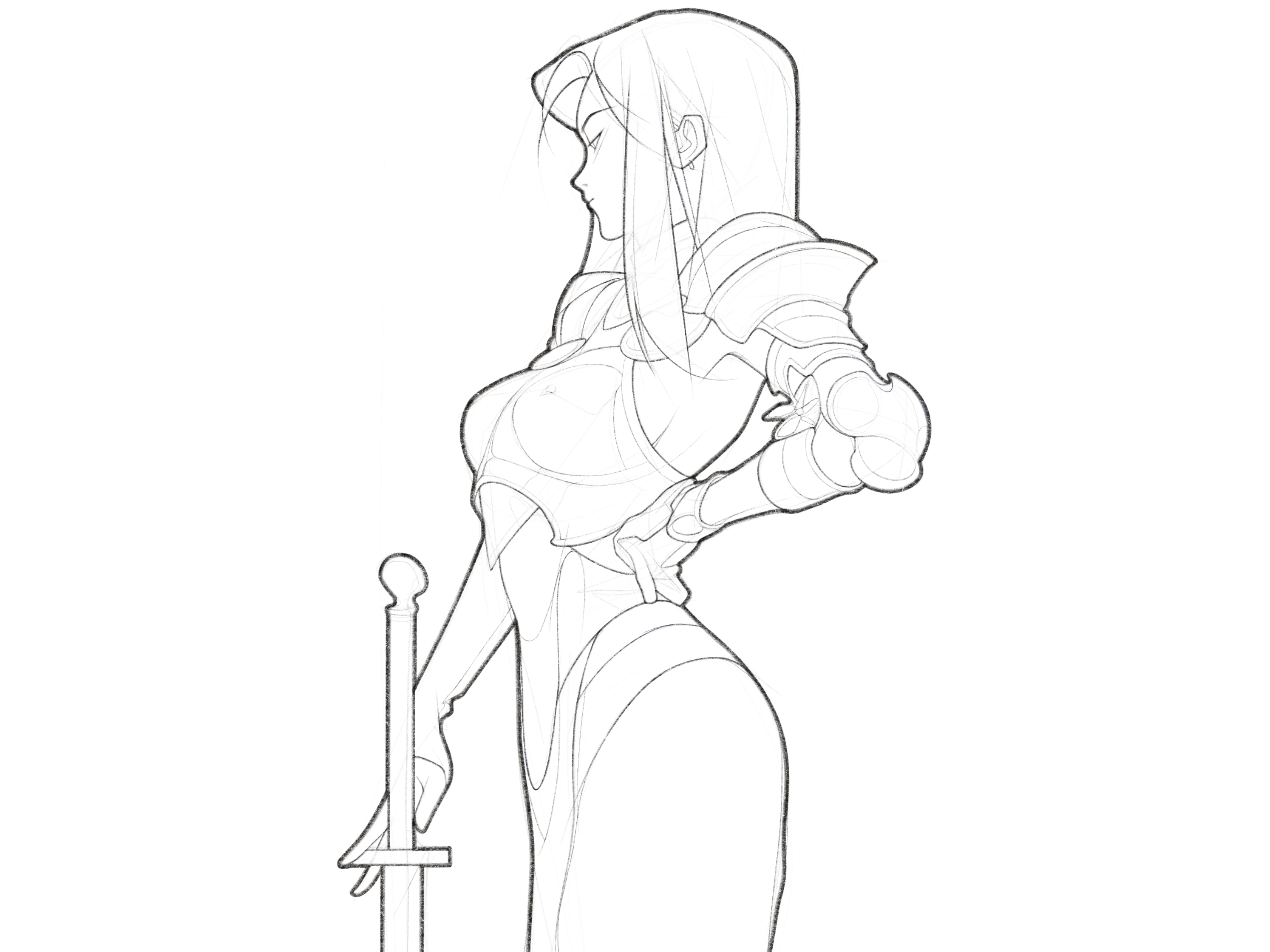 warrior armor black and white body character character design comic details drawing fantasy illustration line minimal monochrome pencil procreate simple sword warrior