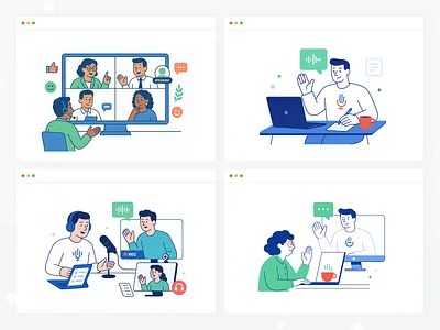 Online Conference Platform – Modular Illustration Concept #8 agenda audience call conference discussion event host invite join meeting moderator networking panel presentation schedule speaker stage talk video webinar