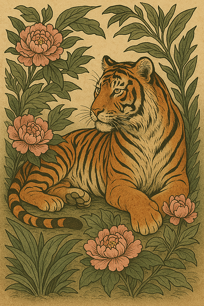 Tiger among peonies and greenery ai illustration piones tiger tigerandpiones
