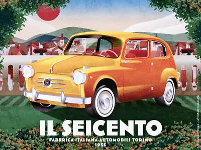 FIAT 600 - "Il Seicento" art deco car fiat 600 illustration italian car retro vintage