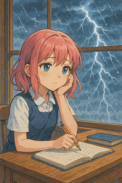 Melancholy at the window during the rain ai anime animegirl girl melancholy thunderstorm