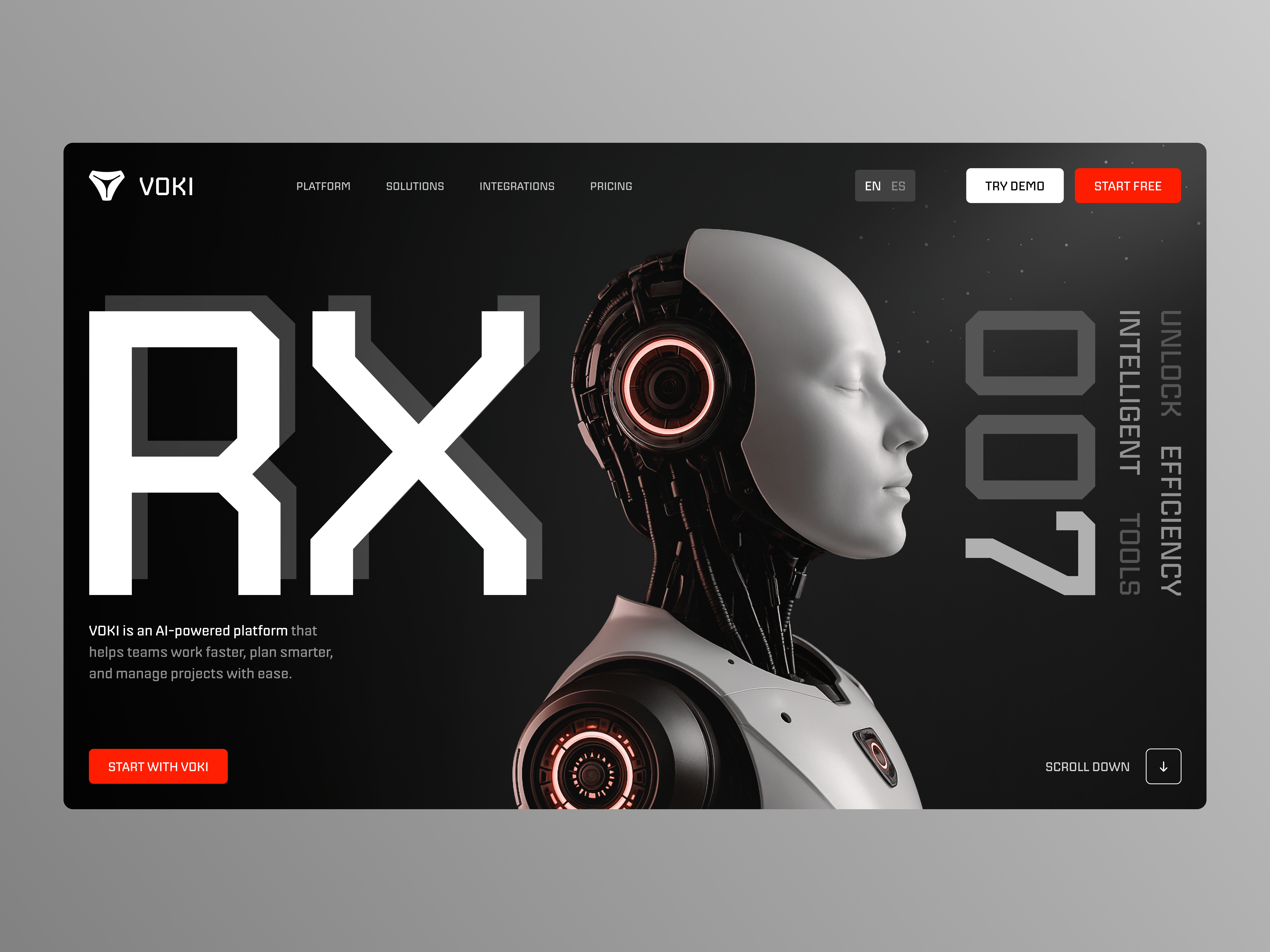 VOKI — AI-Powered Productivity & Automation Platform ai hero section ai technology clean interface conversion creative direction dark mode design digital workspace futuristic ui get a demo hero section interaction design modern web modern web ui product design startup website tech website technology platform user experience visual design wow effect