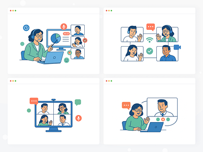 Online Conference Platform – Modular Illustration Concept #11 agenda audience call conference discussion event host invite join meeting moderator networking panel presentation schedule speaker stage talk video webinar