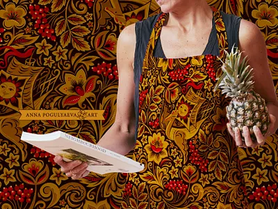 Floral folk print for fabric and apparel in Khokhloma style annapogulyaeva annapogulyaeva art design fabric floral pattern flower fly ship folk gold graphic design hohloma illustration khokhloma ornament red berries rowan russian textile textile design tracery