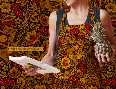 Floral folk print for fabric and apparel in Khokhloma style annapogulyaeva annapogulyaeva art design fabric floral pattern flower fly ship folk gold graphic design hohloma illustration khokhloma ornament red berries rowan russian textile textile design tracery