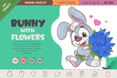 Cute Bunny with flowers. art bunny cartoon character comic design flowers hare illustration rabbit vector