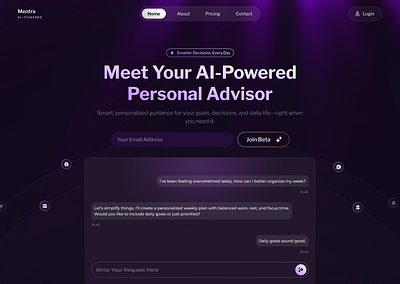 Mentra - AI Powered Personal Adviser ai ai chatbot aiassistant chatui darkmodeui digital wellness futuristicui goalplanner neumorphism personaladvisor productdesign saasdesign smartassistant web app