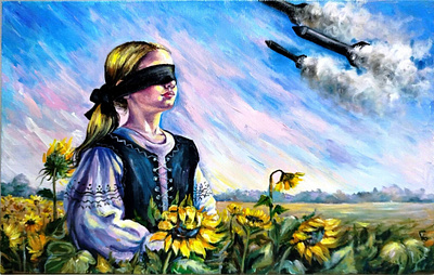 "Blindfolded by War" – Original Acrylic Painting on Canvas art flower girl hand painted handmade kid paint painting rocket sunflower ukraine war