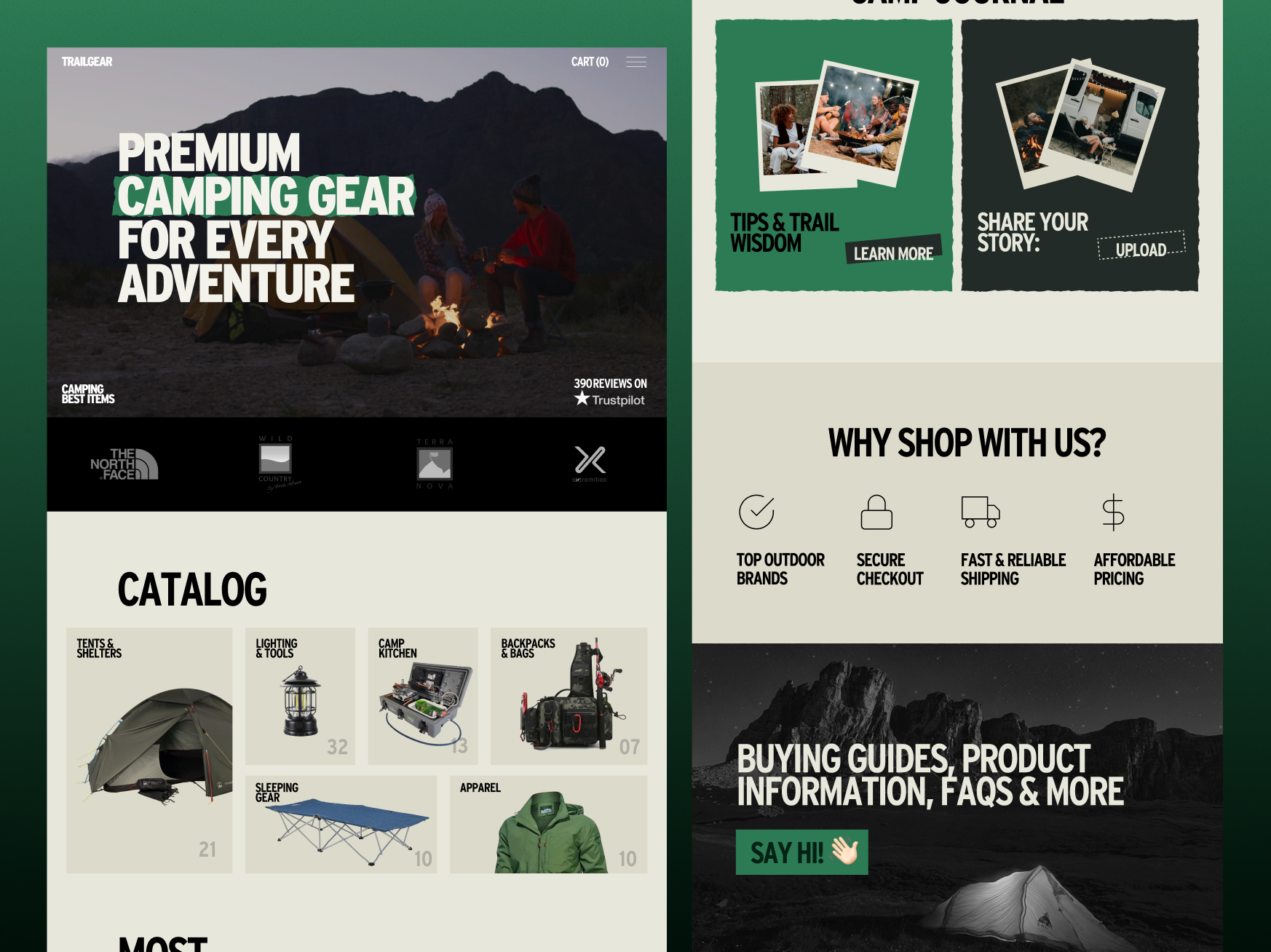 TrailGear - Camping Gear E-Commerce Website aero design agency campaing camping gear design ecommerce ecommerce website landing page design minimal redesign ui uiux design user experince visual design web webdesign website design