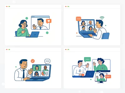 Online Conference Platform – Modular Illustration Concept #12 agenda audience call conference discussion event host invite join meeting moderator networking panel presentation schedule speaker stage talk video webinar