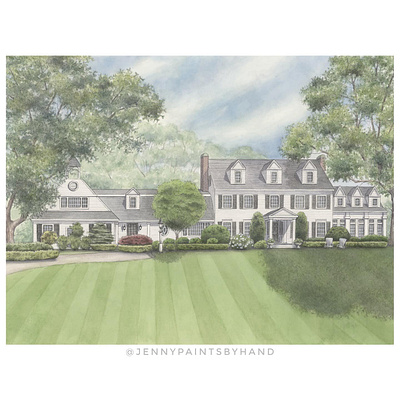 Custom Home Portrait - Watercolor and Ink on Paper architecture hand drawn illustration painting portrait painting realism watercolor