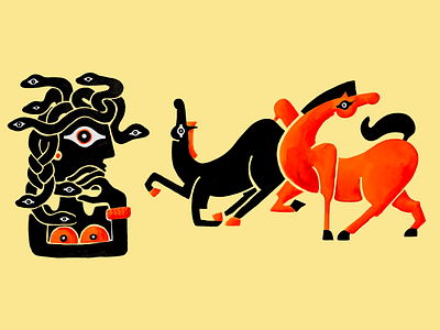 Artwork - Myth Beasts and Gorgon Stare abstract mythology ancient gods bold contrast creature design cultural symbolism dramatic poses epic battle fantasy beasts flat illustration gorgon gaze greek mythology heroic tale medusa head modern myth myth creature stylized figures surreal vision symbolic art vector folklore