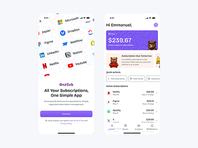 Onesub Mobile App finance fintech home page homepage mobile mobile app subscription app subscriptions ui