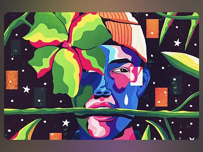 Through Leaves and Color Dreams Illustration abstract face artistic emotion bold colors contemporary art digital painting dreamlike imagery emotional artwork expressive style fantasy mood identity theme jungle vibes mixed media modern surrealism plant elements psychedelic design surreal portrait urban soul vibrant nature