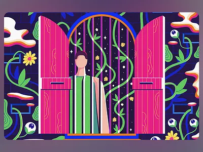 Through Doors of Inner Bloom Illustration abstract identity botanical surrealism celestial vibes conceptual figure cosmic garden dream doorway emotional rebirth fantasy entry floral elements inner transformation introspective art magical portal mental freedom metaphoric transition modern illustration open doors personal awakening spiritual symbolism surreal escape vibrant path