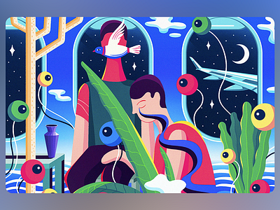 Passengers of the Inner Sky Illustration abstract emotion colorful symbolism conceptual intimacy cosmic love couple connection dream window emotional travel floating eyes illustrated fantasy imaginative art inner voyage modern surrealism mystical scenery night flight passenger dream quiet escape surreal journey symbolic relationship tropical elements vibrant harmony