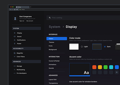 Daily UI 007 - Settings 007 clean colors daily dailyui dark darkmode design display figma graphic design interface modern settings system theme ui userinterface ux web