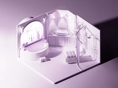 Monochrome Elegance in Miniature Bathroom 3d bathroom ambient design architectural model artistic render bathtub corner concept design cozy space digital diorama elegant shapes home decor interior visualization light shadows miniature scene modern interior pastel tones product showcase room mockup soft gradients soft lighting stylized rendering