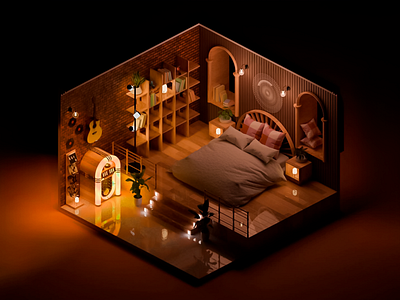 Cozy Retro-Inspired Bedroom Retreat 3d bedroom ambient glow boho pillows brick wall concept art cozy lighting detailed modeling interior render isometric room jukebox corner modern nostalgia night setting nostalgic vibe retro style soft mood stylized decor vintage guitar warm tones