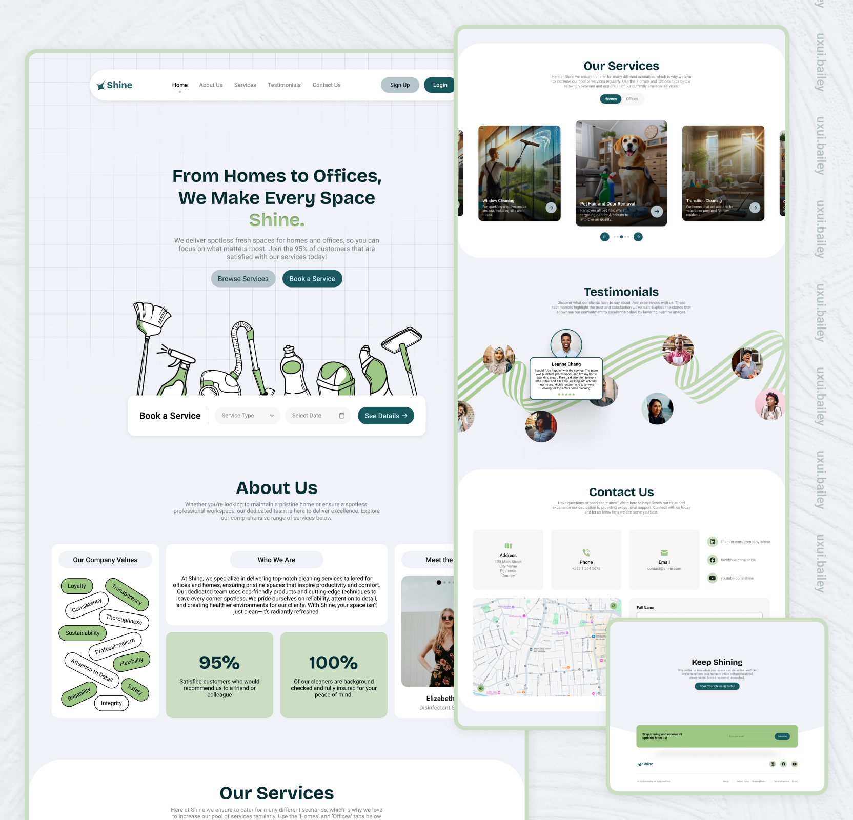 Shine ● A Cleaning Website Landing Page 1 day delivery 5 star review behance branding cleaning colours dribbble figma fiverr homes instagram landing page offices permission gained pinterest typography ui ui design ux design website design