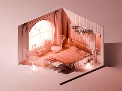 Warm Minimal Bedroom Bloom 3d bedroom aesthetic space ambient shadows arched window bedroom visualization calm interior cozy nook digital scene dreamy style elegant render floral decor interior concept minimal furniture modern minimalism natural tones pastel palette rendered design room inspiration soft lighting wicker furniture