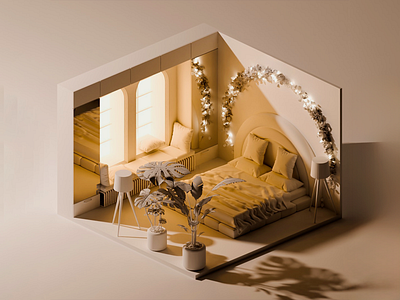 Golden Hour Bedroom Retreat 3d bedroom ambient glow artistic render cozy render creative composition digital visualization dreamy lighting elegant space floral arch golden tones mirrored wall modern design peaceful room plant decor relaxing space soft textures stylish decor sunset color warm interior window seat