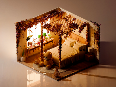 Autumn Canopy Bedroom Scene 3d bedroom autumn vibes concept room cozy corner creative bedroom decorative vines digital decor fall interior floral design foliage canopy interior render natural textures peaceful space realistic lighting room visualization seasonal design soft shadows teddy bear warm lighting wooden tones