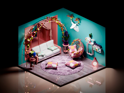 Colorful Boho Living Room Design 3d interior aesthetic vibe artistic style boho style colorful space cozy sofa creative room decorative plants design visualization digital render fantasy interior floral arch fluffy carpet home inspiration living corner modern decor pastel decor relaxing scene room concept vibrant palette