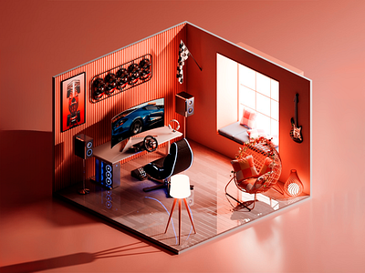 Modern Gamer Racing Room Setup 3d render car poster creative setup curved monitor digital interior ergonomic chair gamer zone gaming room gaming setup home gaming immersive design led lighting modern desk music vibe neon decor racing simulator stylish workspace tech environment ultra screen