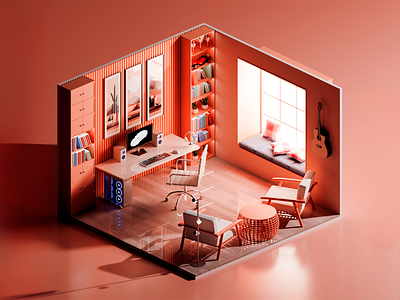 Creative Minimalist Workspace Interior 3d interior architectural visualization art prints contemporary style cozy corner creative space design desk desktop setup digital rendering home office minimalist room modern shelving organized layout reading nook smart storage stylish furniture warm lighting window seat workspace design