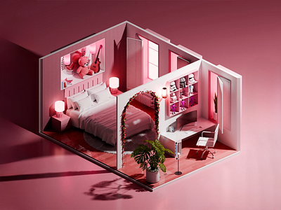 Modern Pink Bedroom Workspace Design 3d interior bedroom layout comfy furniture cozy lighting creative nook desk setup feminine touch girly design home workspace modern bedroom modern shelves pastel tones pink palette plush accents room inspiration soft decor study area stylish space warm colors workspace corner