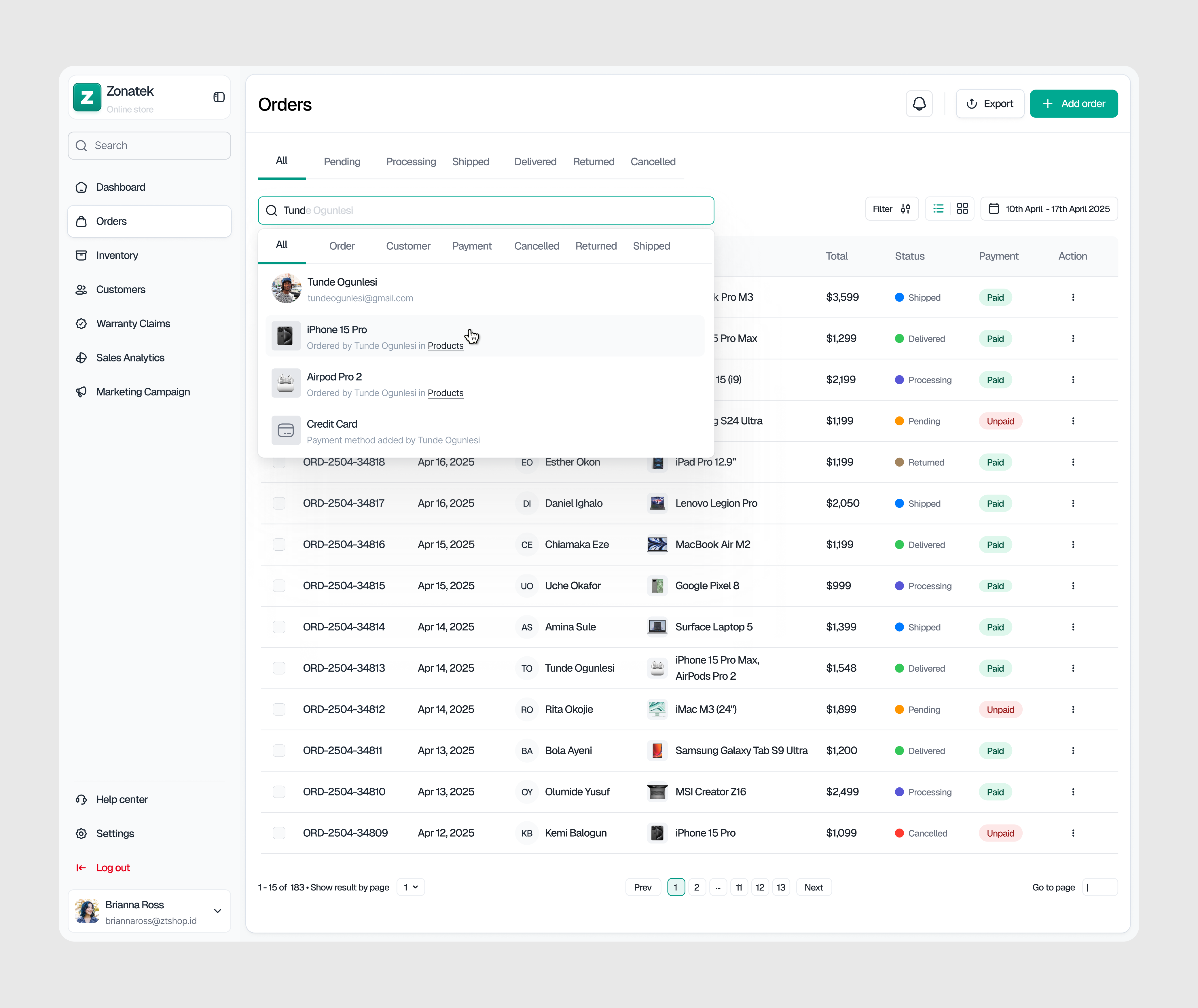 Zonatek - Add New Order Page active ai app b2b b2c component crm dashboard design e commerce gadget modern orders product product design saas search tech ui ux