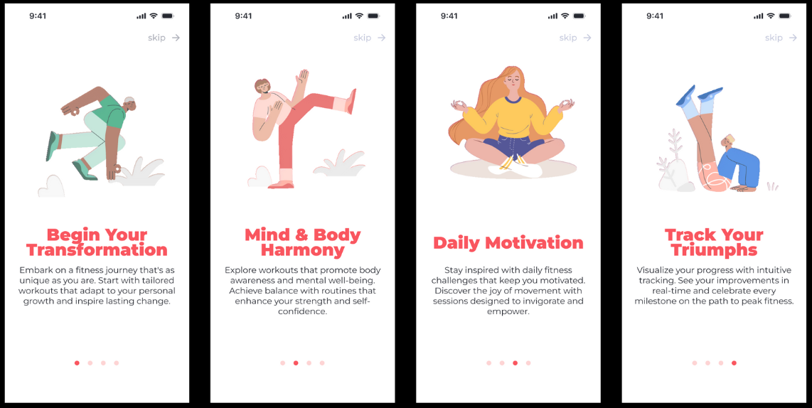 Onboarding for a fitness startup android animations app branding fitness graphic design illustration iphone logo lottie meditation mindfulness ui yoga
