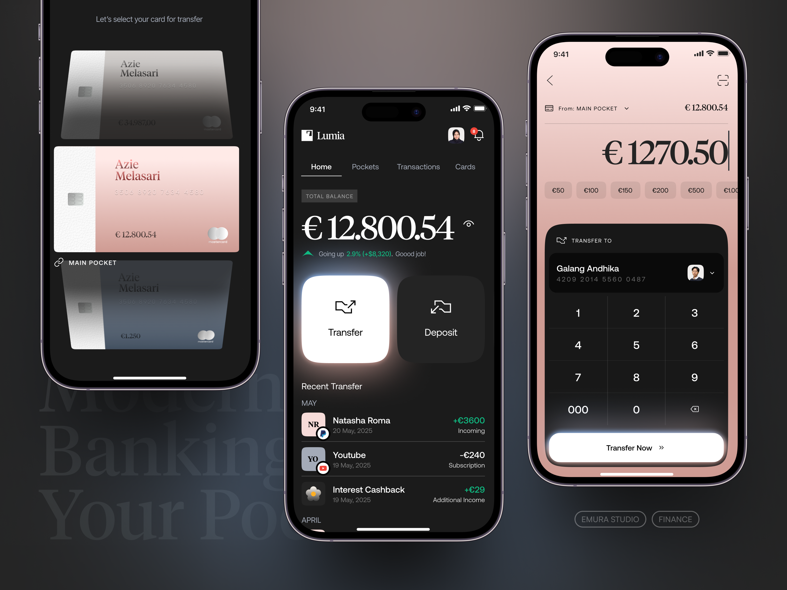 Lumia - Finance Mobile App bank banking binance cards deposit emurastudio finance finance app fintech gradient investment keyboard mobile app money transfer ui wallet withdraw