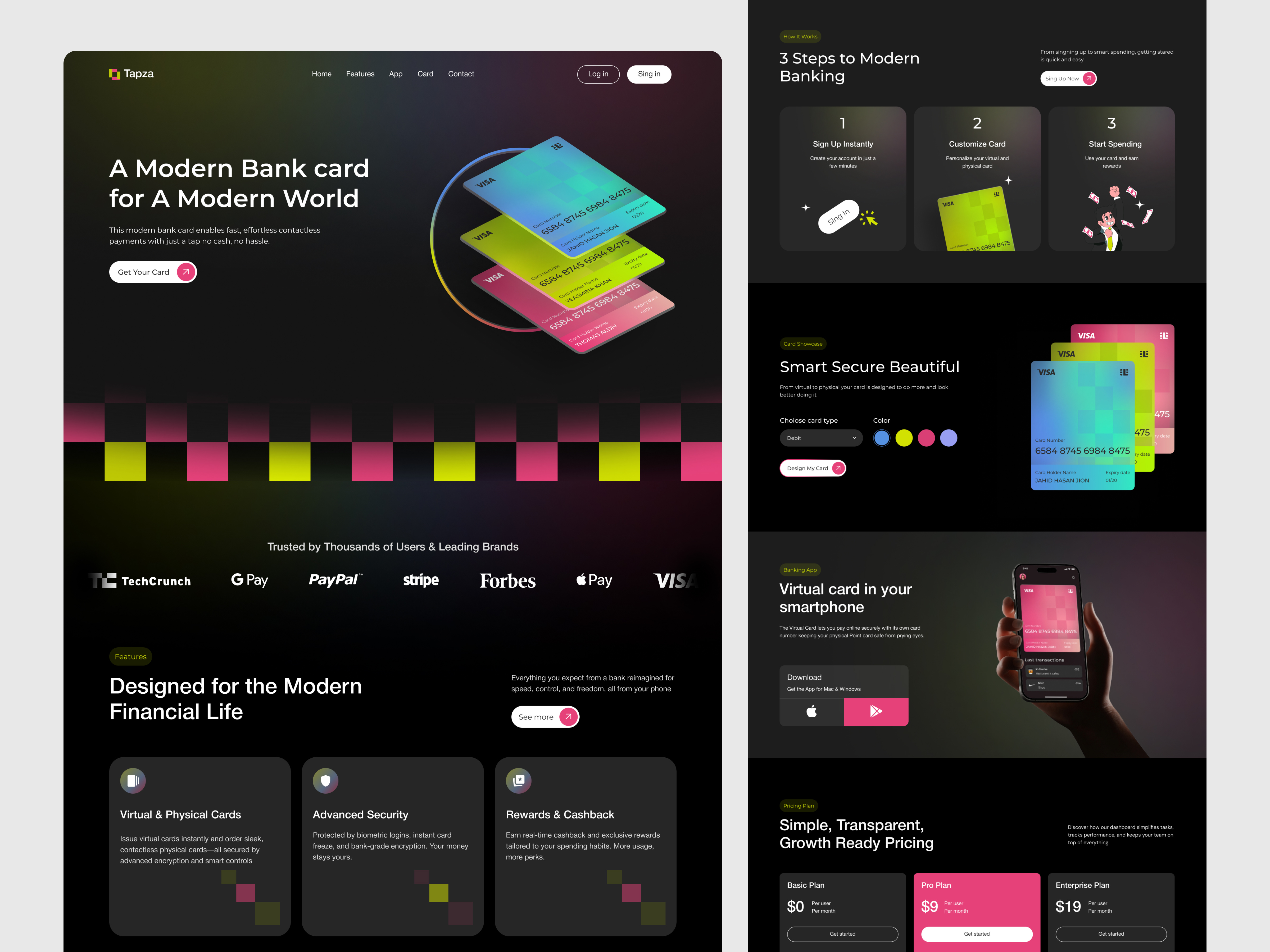 Tapza - Bank Card Landing Page bank bank app bank card banking app credit debit design digital banking finance fintech landing page mobile banking modern payment popular design ui ux visa card website website design