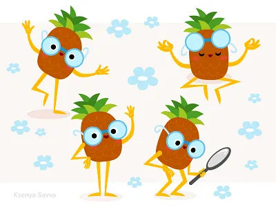 Cute Pineapple Fruit Character Design adobe illustrator cartoon cartoon fruit character children cute design eco for kids fruit fruit mascot illustration kawaii pineapple poses smart vector yoga