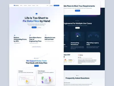 Why Dromo Web Page bento cards dark dromo icons illustrations importer landing light marketing page testimonials web website