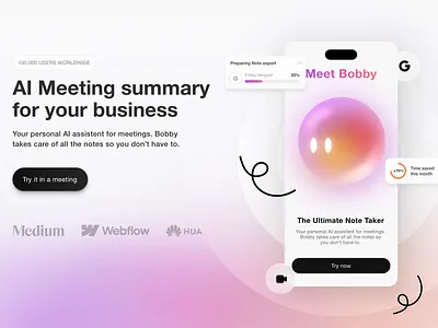 Bobby The Note taker ai ball blob button chat cta hero landing main meeting note notes pdf section ui ux write writing