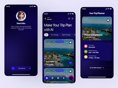 AI-Powered Trip Planner App UI Design ai ai based voice assistant branding digital product high fidelity mobile app mobile app ui trip maker ai trip planner ai trip planner app ui ui uiux visual design voice assistant wireframe