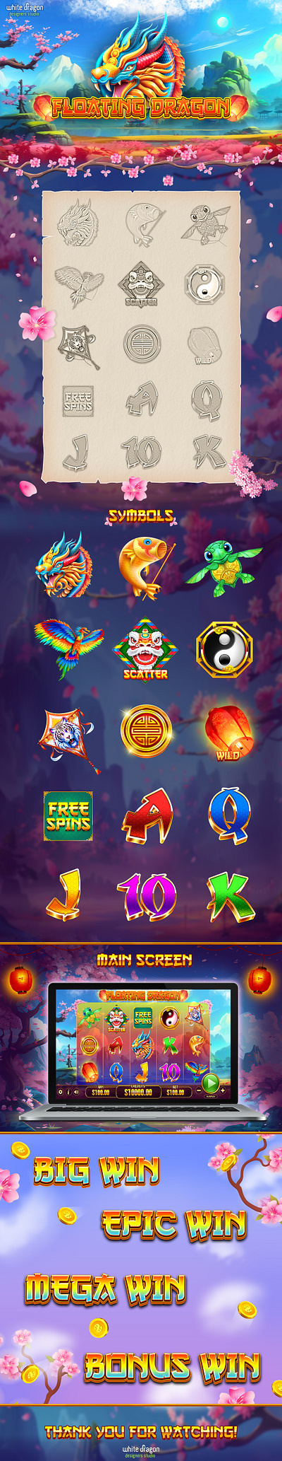 Floating Dragon — Chinese Kite Festival Themed Slot game 2d slot art asian theme big win animation bonus win screen casino game art casual game ui chinese slot colorful slot art dragon illustration dribbble games fantasy slot floating dragon game symbols game ui kite flying theme mobile slot game slot game slot machine ui slot ui design user interface