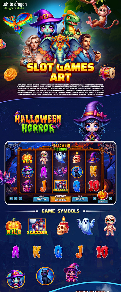 Slot Games Art Showcase — Premium Slot Art solutions 2d game art casino game casual game colorful ui fantasy slot gambling ui game art game icons game ui halloween game jackpot design jungle theme luxury design mobile slots slot design slot game slot machine slot ui splash theme