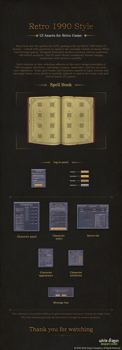 🎮 Retro 1990 Style UI Pack – Classic RPG Interface Reimagined 90s game character panel classic game ui classic pc game dark fantasy ui fantasy ui game interface medieval game nostalgic design old school game pixel art ui pixel game assets pixel style retro gaming retro rpg retro ui rpg ui spellbook ui ui asset pack vintage game ui