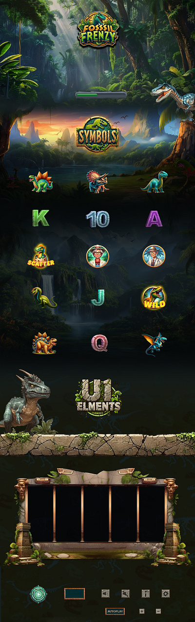 Fossil Frenzy – Jurassic Themed Slot Game UI 🎮🦖 adventure game ui casino game design dino game art dino slot dinosaurs game interface game symbols jurassic jurassic game mobile slot game premium game art reel symbols rich ui design slot game art slot game ui slot machine ui thematic game ui ui ux design ux for games