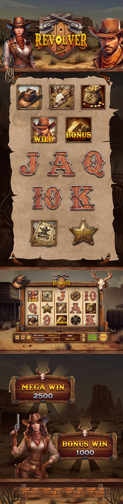 Revolver - Wild West Slot Game UI & Symbol Art 2d game assets betting game bonus win graphics casino ui design game interface game symbols mobile casino old west interface outlaw themed game premium game design real money game reel symbols slot animation slot game ui slot machine slot ux design western game art western slot design western ui wild west game