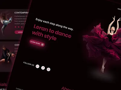 Elegant Contemporary Dance Studio Website UI 3d branding dance landing page darkui design front end glassmorphism graphic design hero section high quality web design illustration landing page modern looking website modern page next.js react card react.js ui ux web page