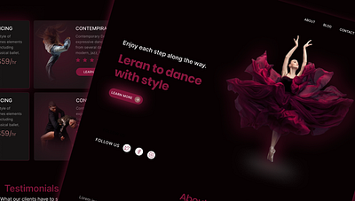 Elegant Contemporary Dance Studio Website UI 3d branding dance landing page darkui design front end glassmorphism graphic design hero section high quality web design illustration landing page modern looking website modern page next.js react card react.js ui ux web page