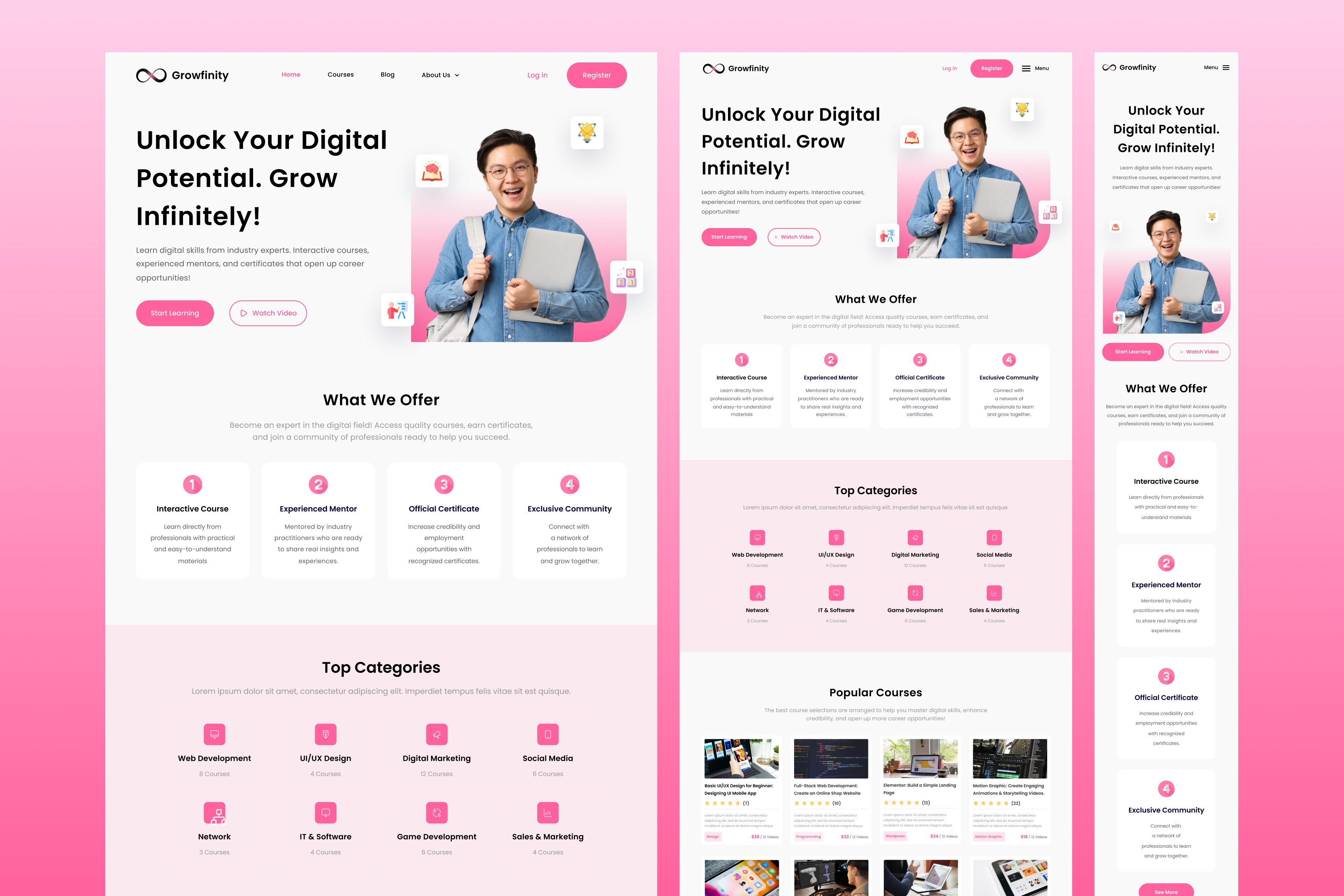 Growfinity - Online Course Platform Responsive Web Design 3d animation branding graphic design logo motion graphics ui