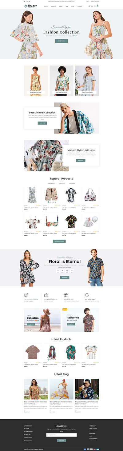 Roziy Fashion – Trendy Online Clothing Store UI apparel clothingstore ecommerce fashion fashionstore fashionui fashionwebsite figmadesign floraldesign graphic design lifestylebrand minimalui modernui onlinestore responsiveui shopifydesign ui uiux uxdesign webdesign